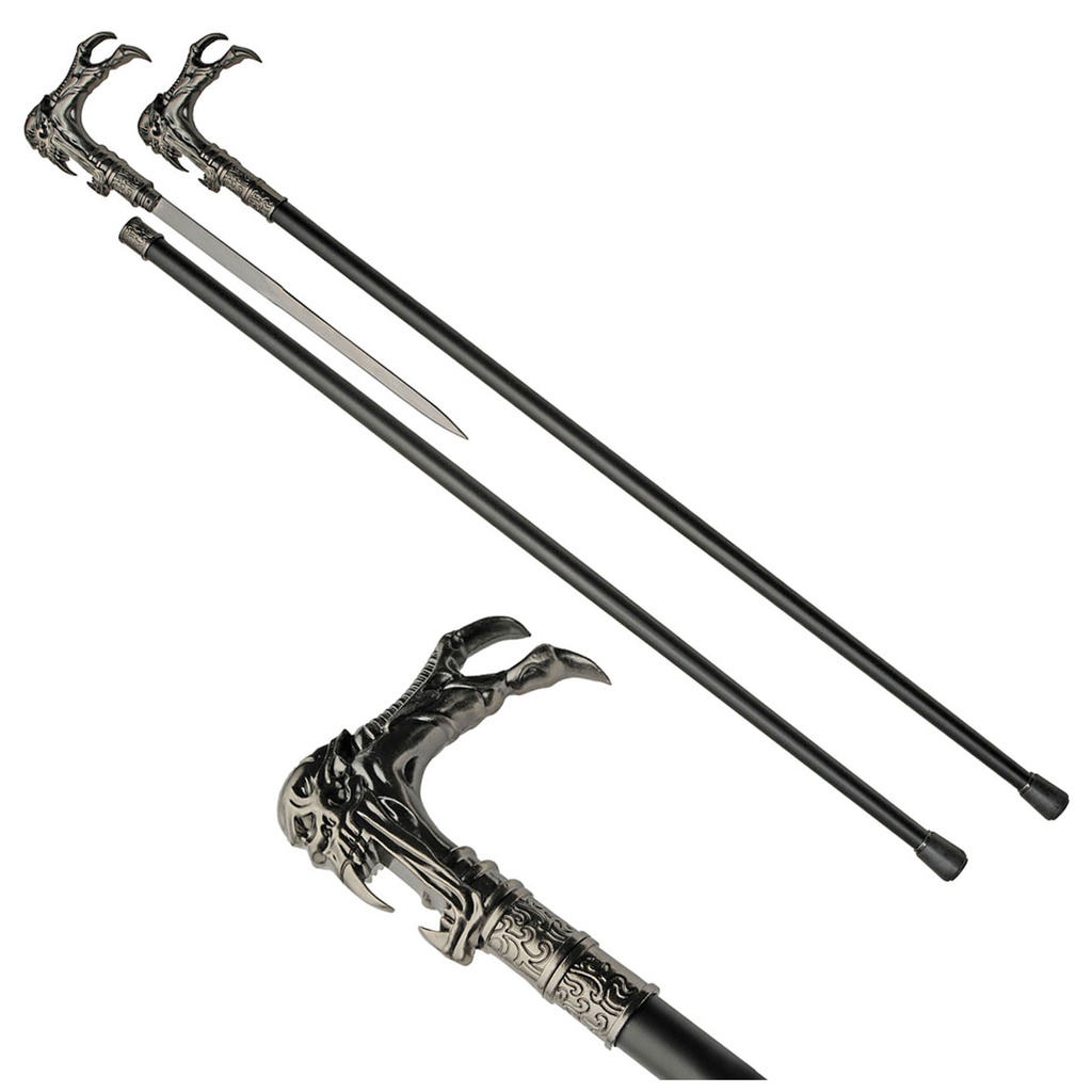 Alien Maw Sculpted Handle Sword Cane - Antique Silver & Matte Black