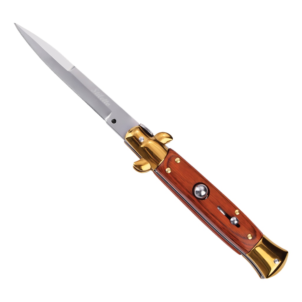 Godfather Elegance Quick-Deploy Stiletto Switchblade - Wood & Gold