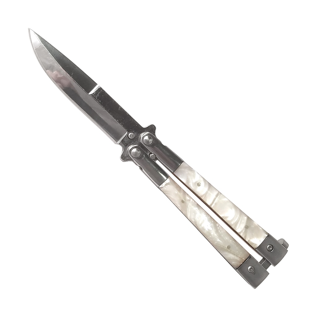 White Pearl Mirror-Balanced Butterfly Knife - Pearlized Inserts