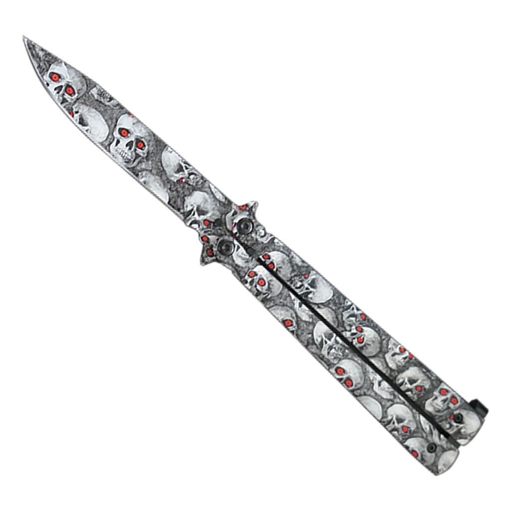 Red-Eyed Skull Grip Butterfly Knife - Matte Silver