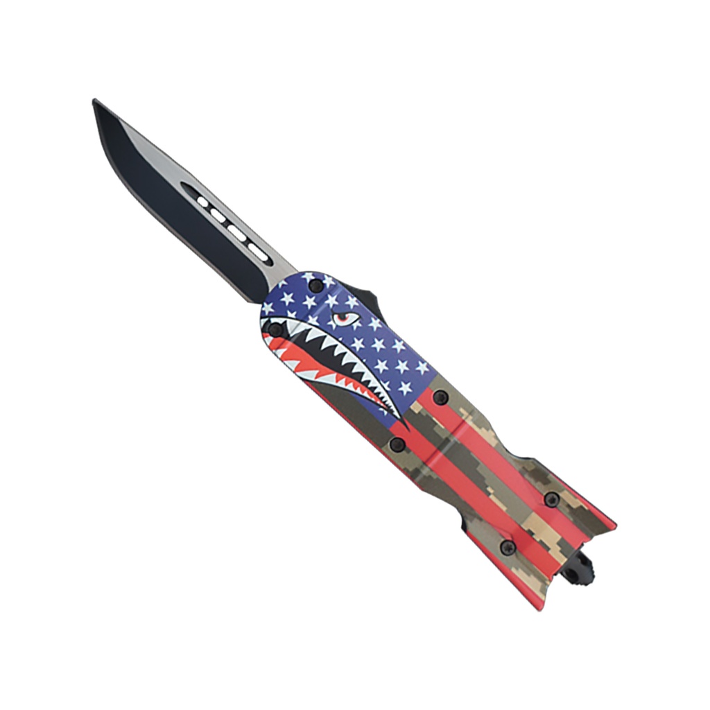 Patriot Bomber Shark-Mouth OTF Knife - Black Blade