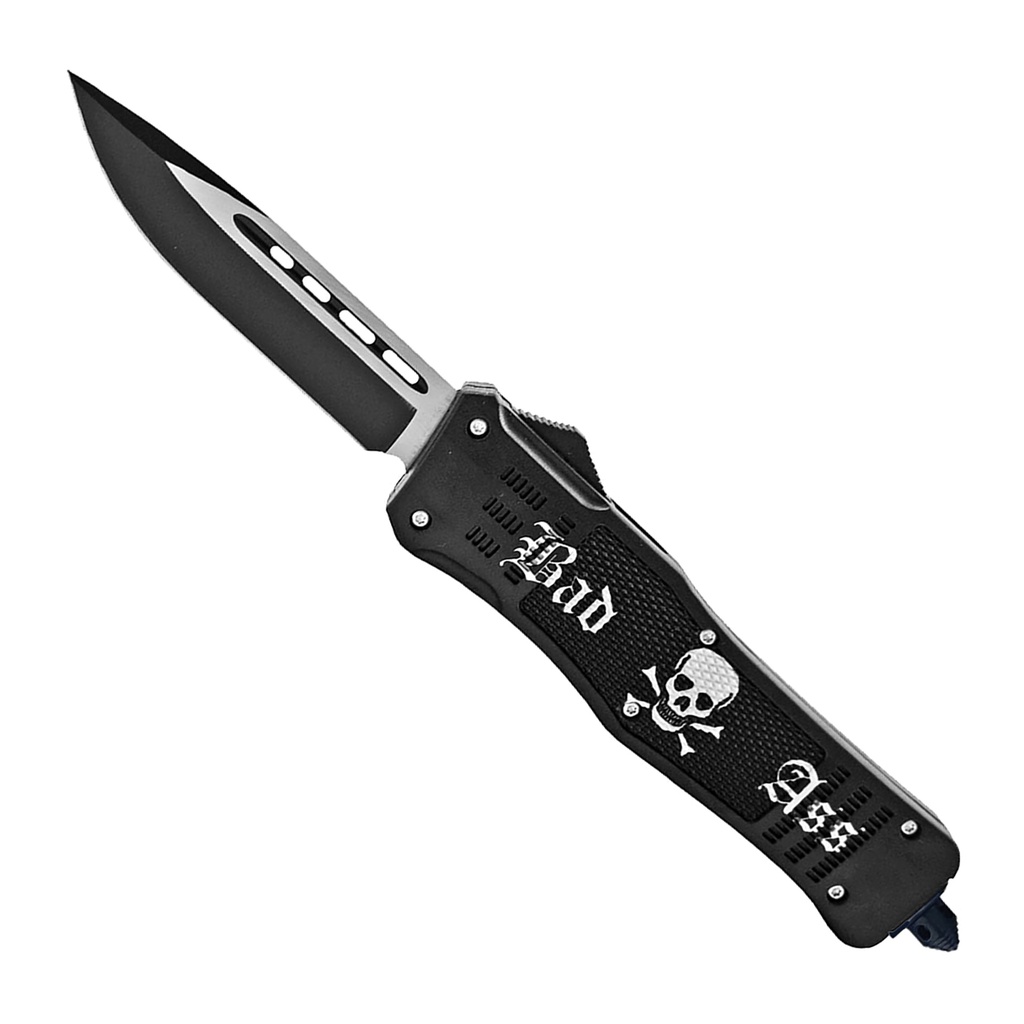Grim Badge Skull Tactical OTF Knife - Matte Black